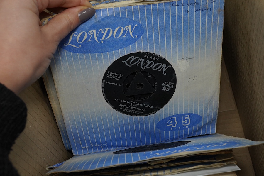 Four boxes of 7 inch singles, all on the London record label, artists include; The Rolling Stones, Ricky Nelson, Duane Eddy, The Ronettes, Roy Orbison, the Crystals, The Ran-Dells, Al Green, Ace Canon, the Willis Brother